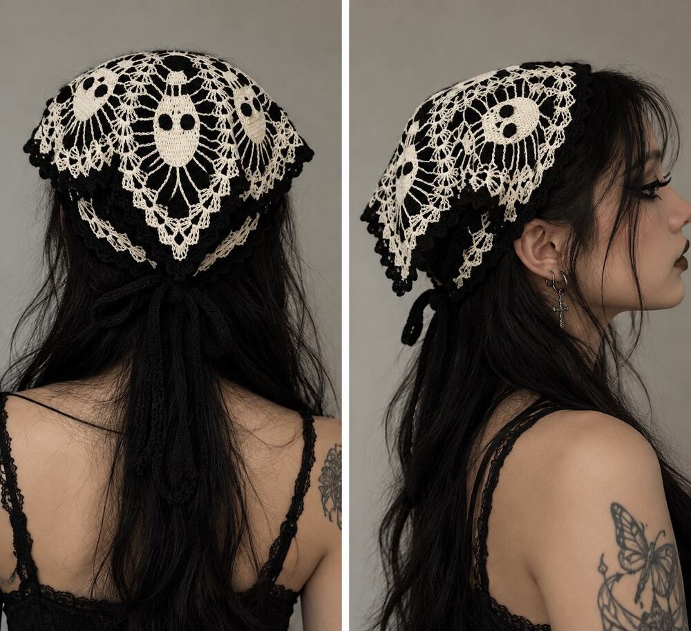 Black Skull Knit Crochet Bandana Headband O/S Gothic Witchy Festival Whimsigoth